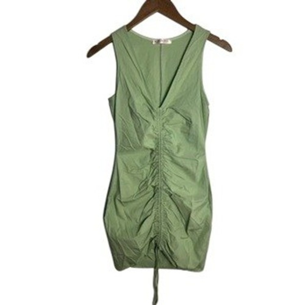 Med Blue Blush Los Angeles Sage Green Ruched Drawstring V-Neck Mini Dress Preppy